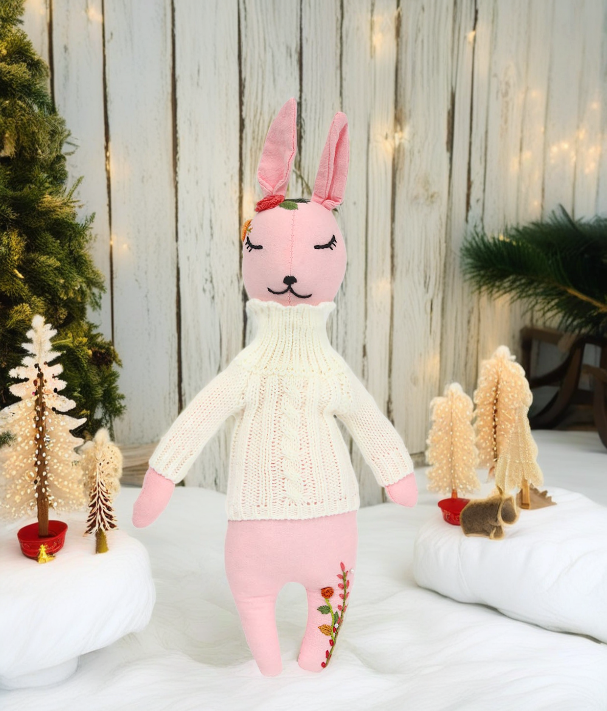 "Rosy Belle" Pink Bunny Hugging Doll Featuring Hand Embroidery