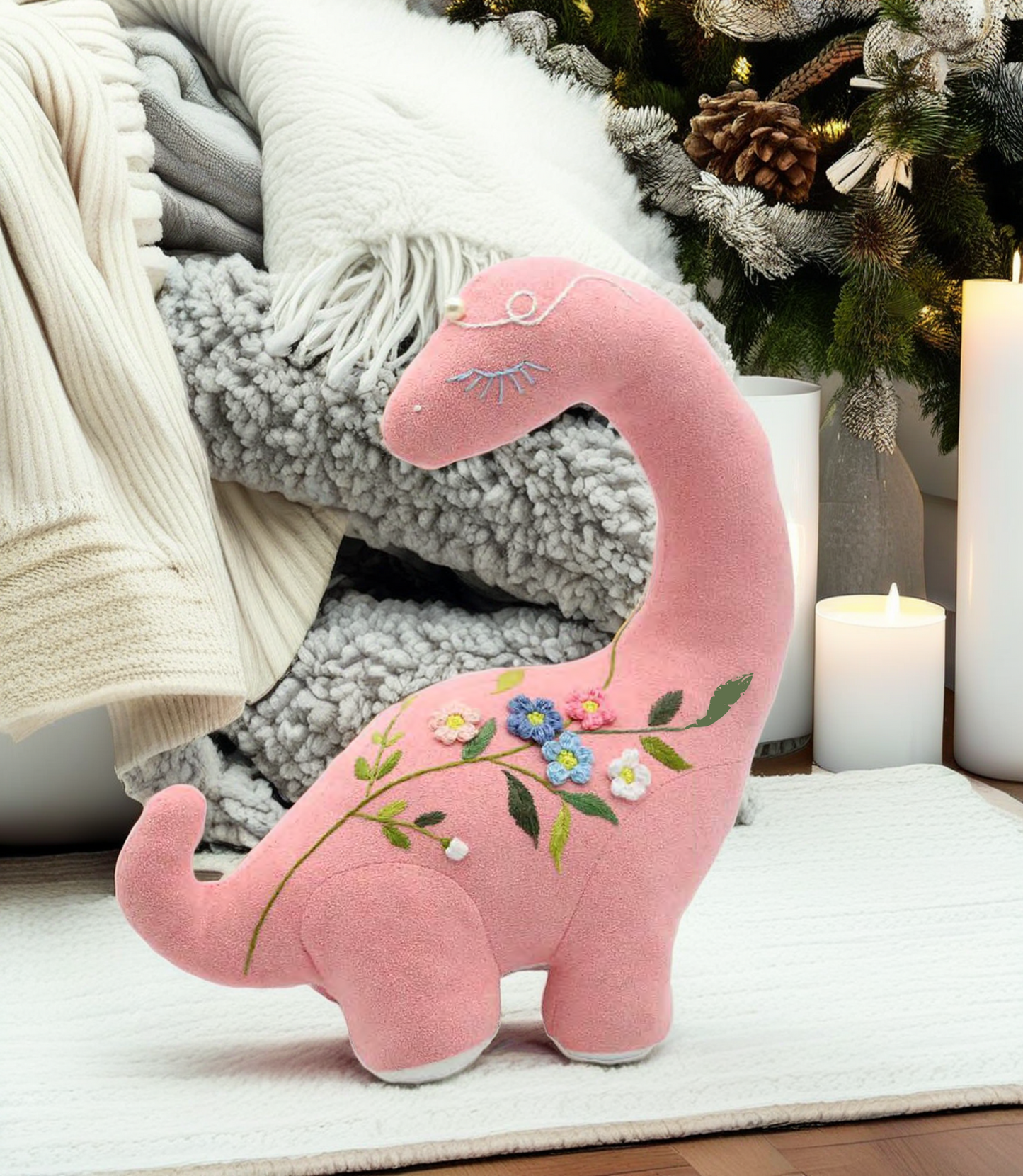 “Graceful Dino” Pink Dinosaur Fabric Hugging Doll Featuring Hand Embroidery