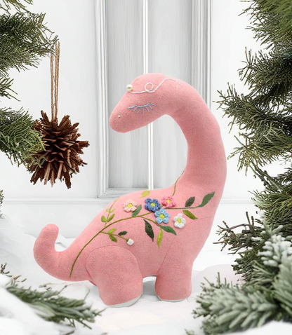 “Graceful Dino” Pink Dinosaur Fabric Hugging Doll Featuring Hand Embroidery