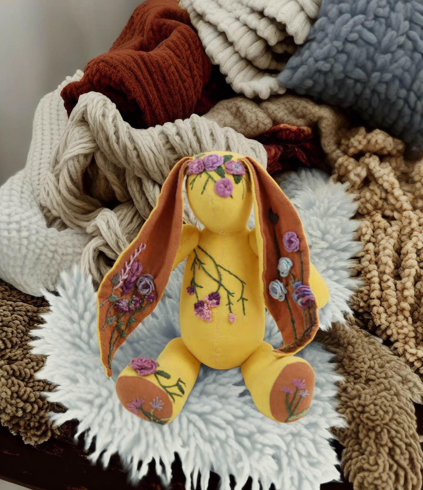 "Sunny Blossom" Yellow Bunny Fabric Companion Doll Featuring Hand Embroidery