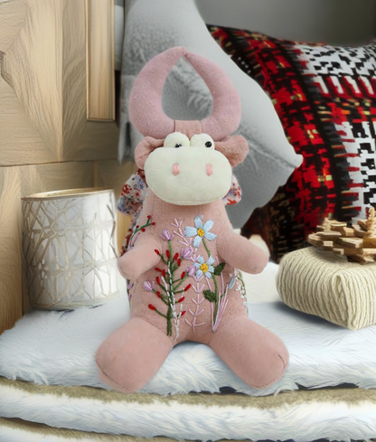 “Spring Moo” Pink Cow Fabric Companion Doll Featuring Hand Embroidery