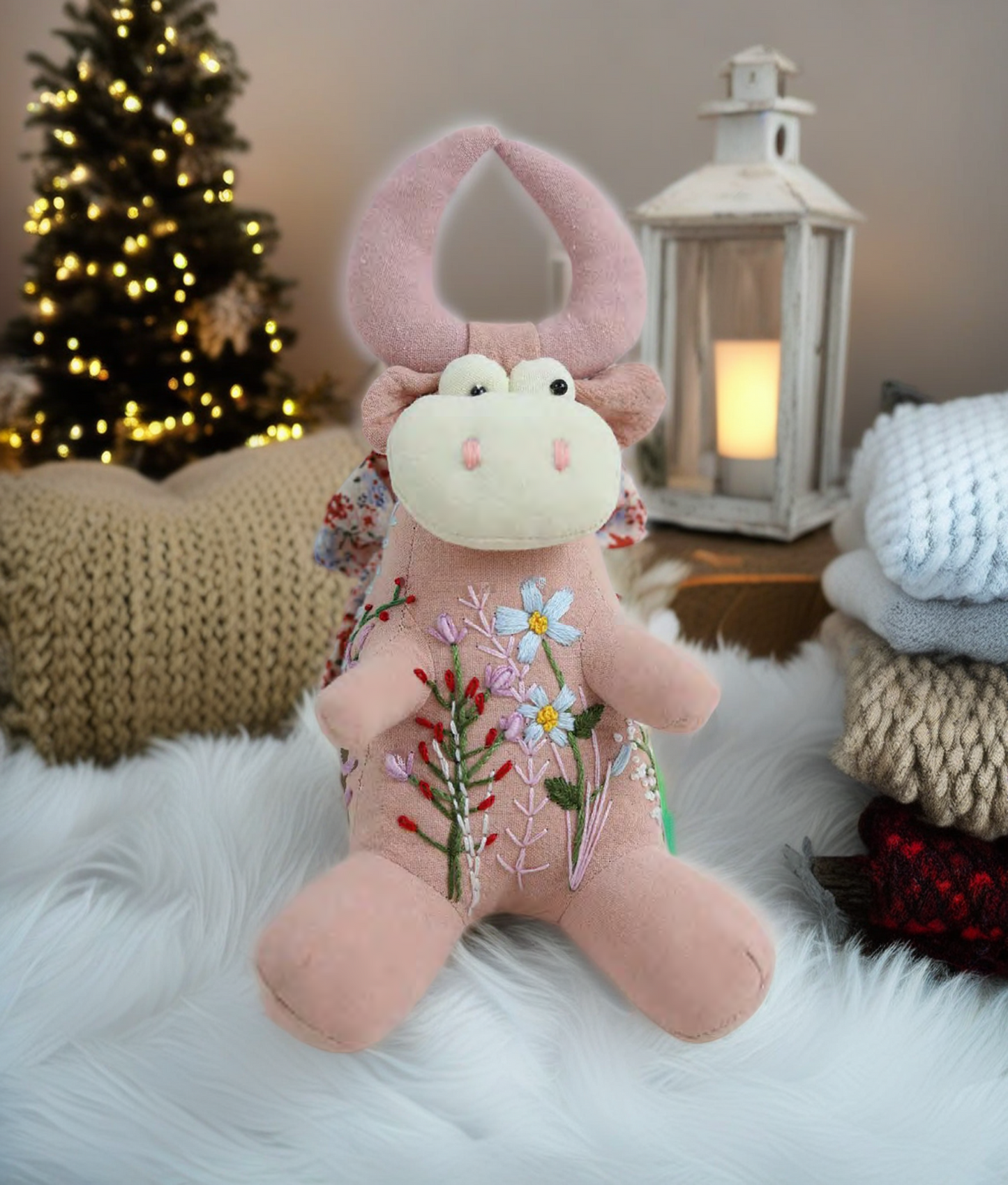 “Spring Moo” Pink Cow Fabric Companion Doll Featuring Hand Embroidery