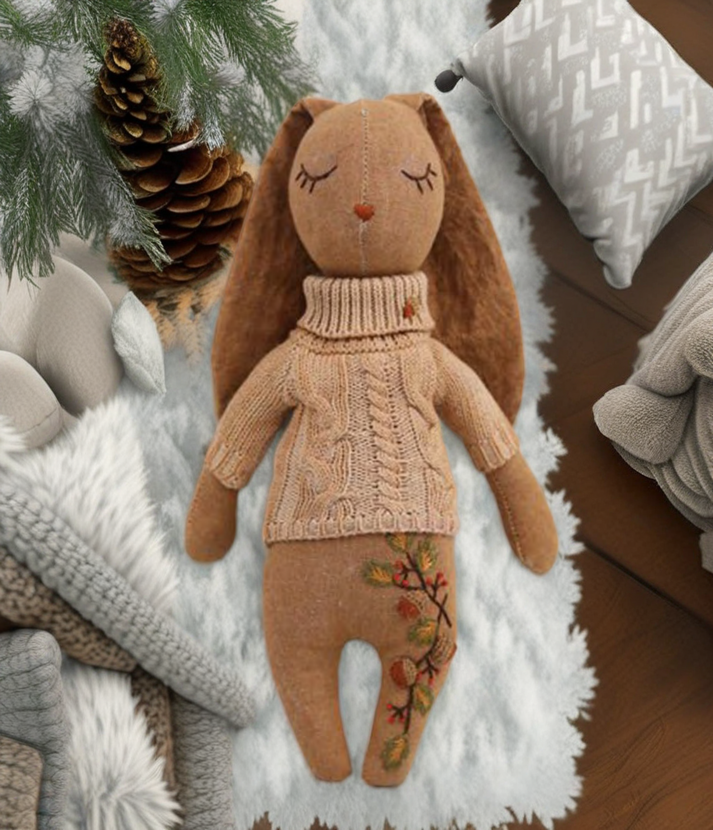 "Cozy Blossom" Brown Bunny Hugging Doll Featuring Hand Embroidery