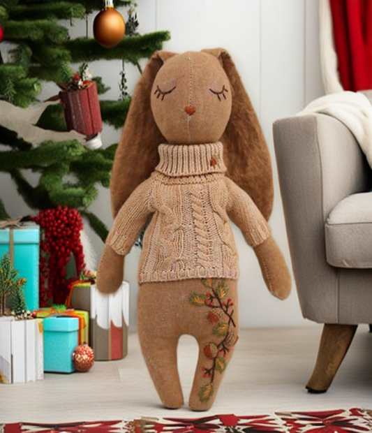 "Cozy Blossom" Brown Bunny Hugging Doll Featuring Hand Embroidery