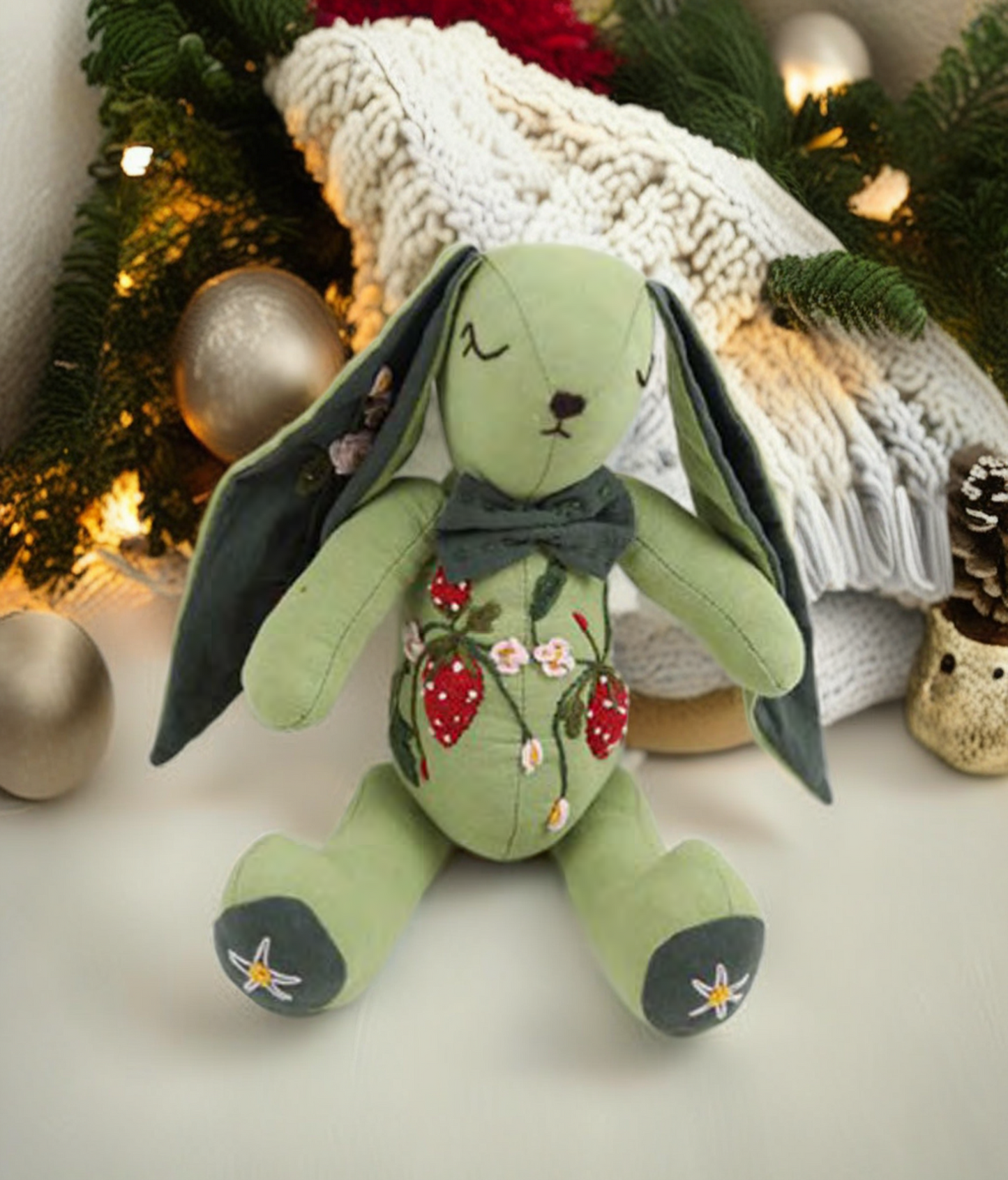 "Serene Aura" Green Bunny Fabric Companion Doll Featuring Hand Embroidery