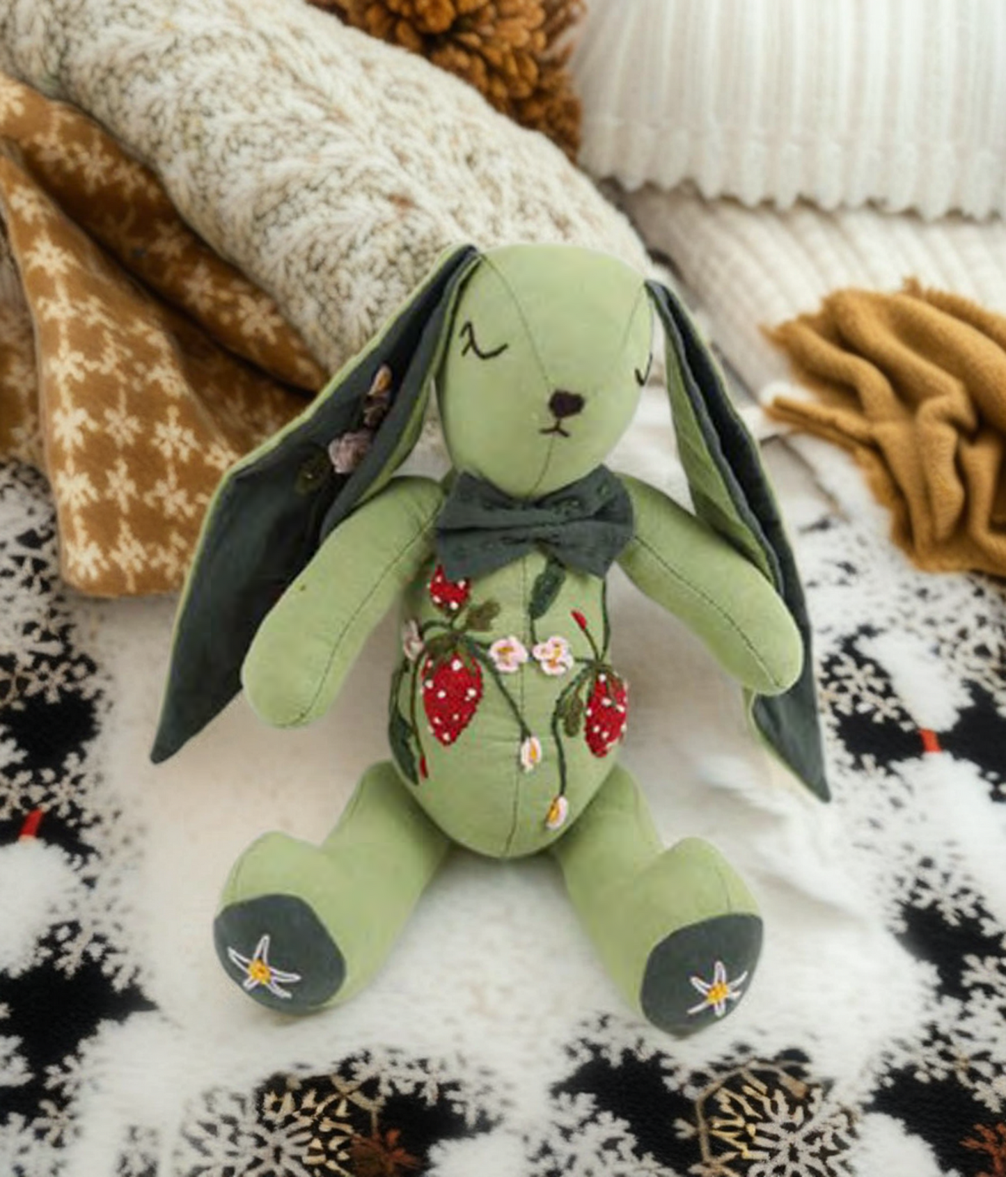 "Serene Aura" Green Bunny Fabric Companion Doll Featuring Hand Embroidery