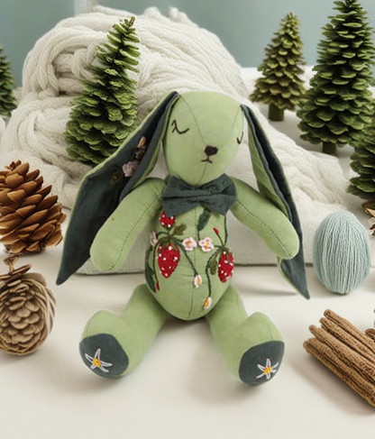 "Serene Aura" Green Bunny Fabric Companion Doll Featuring Hand Embroidery