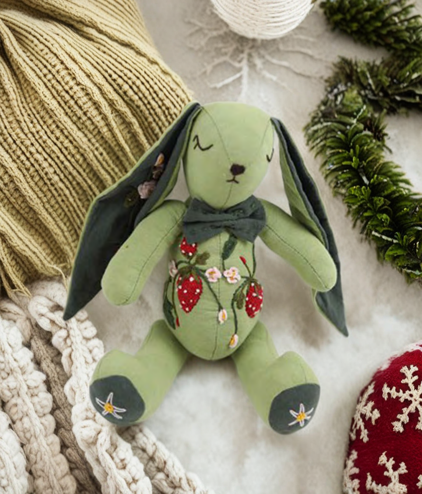 "Serene Aura" Green Bunny Fabric Companion Doll Featuring Hand Embroidery