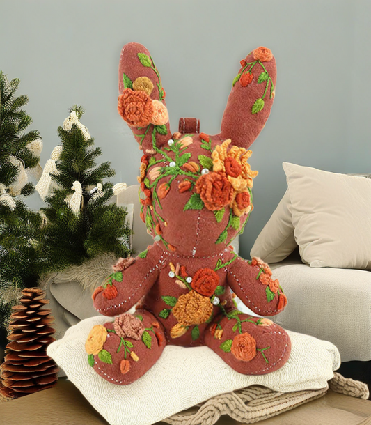 "Grove Guardian" Brown Bunny Fabric Companion Doll Featuring Hand Embroidery