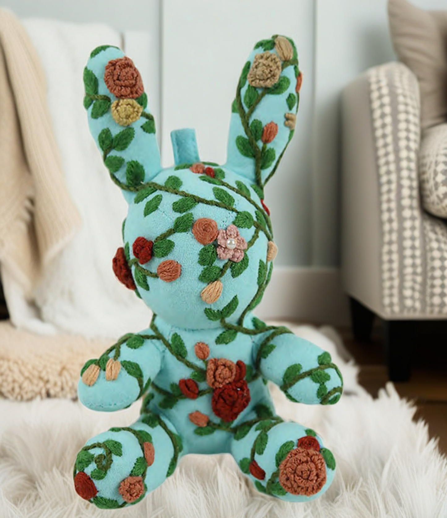 "Dreamy Wanderer" Blue Bunny Fabric Companion Doll Featuring Hand Embroidery