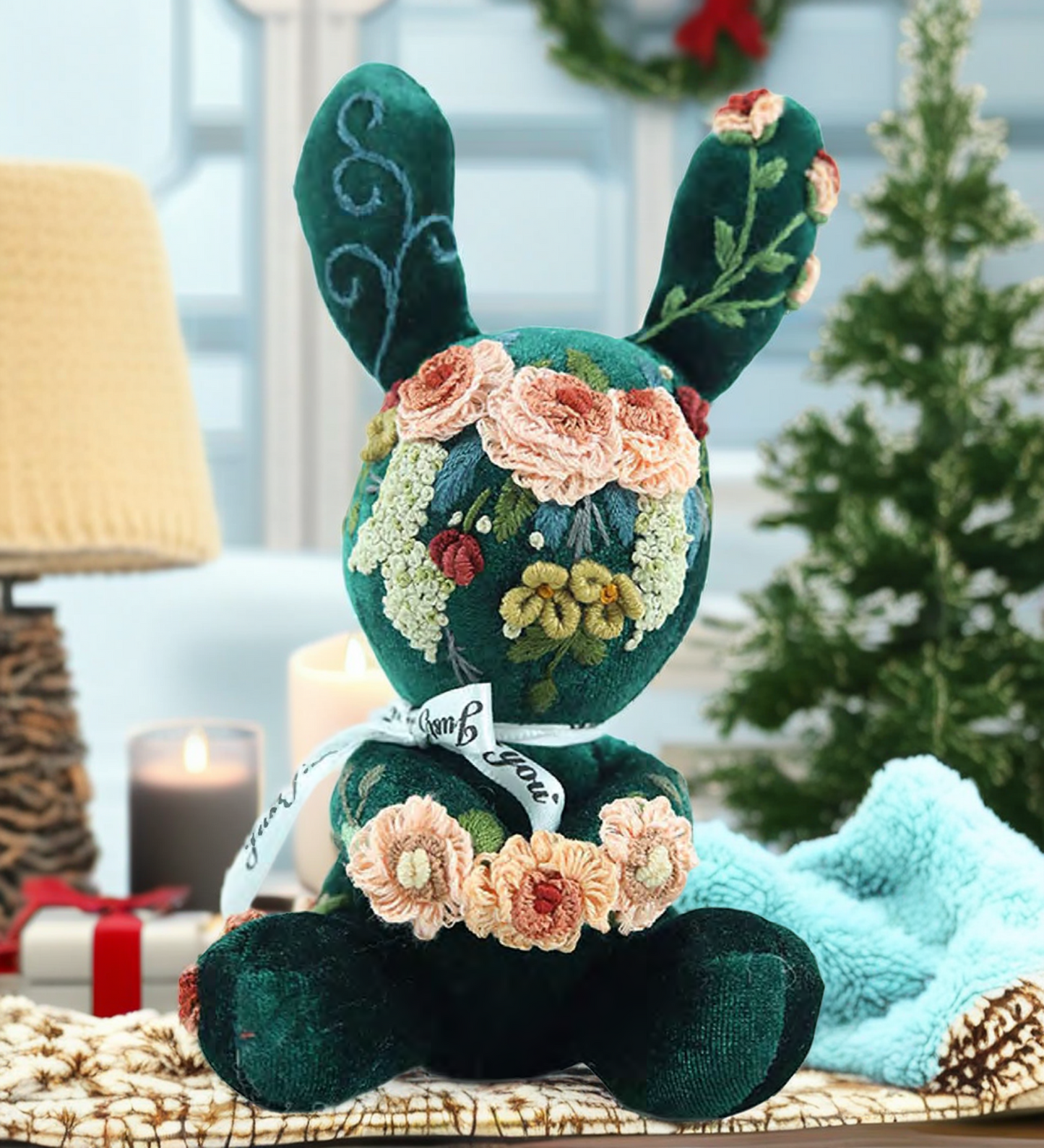 “Blooming Bliss” Vintage Green Bunny Fabric Companion Doll Featuring Hand Embroidery