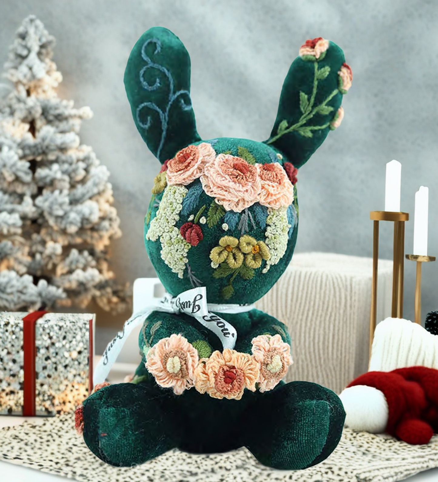 “Blooming Bliss” Vintage Green Bunny Fabric Companion Doll Featuring Hand Embroidery