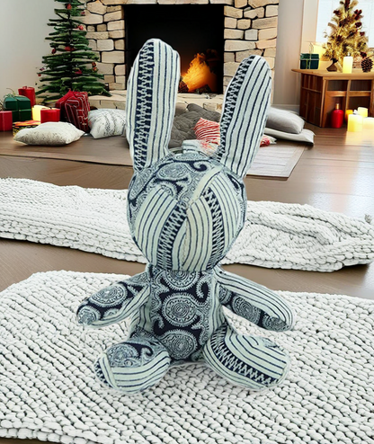 "Gentle Flow" Strip Navy Bunny Fabric Companion Doll Featuring Plant Dyed and Hand Embroidery