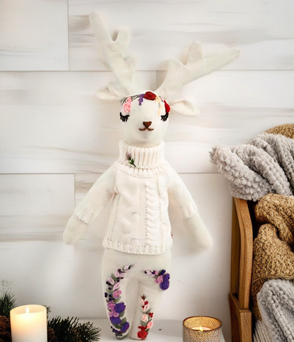 "Whimsical Grace" White Moose Hugging Doll Featuring Hand Embroidery