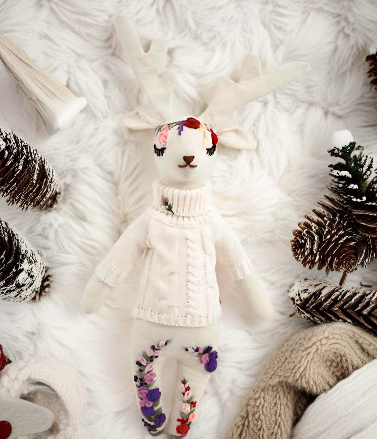 "Whimsical Grace" White Moose Hugging Doll Featuring Hand Embroidery