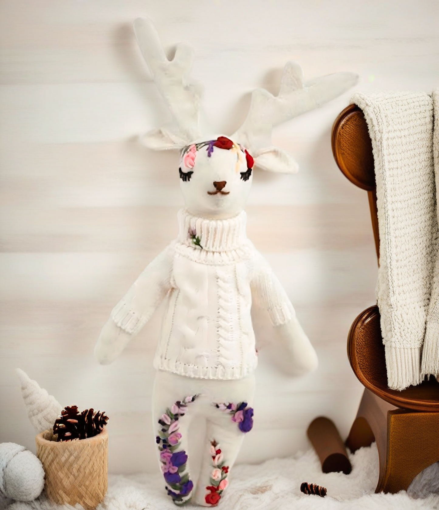 "Whimsical Grace" White Moose Hugging Doll Featuring Hand Embroidery