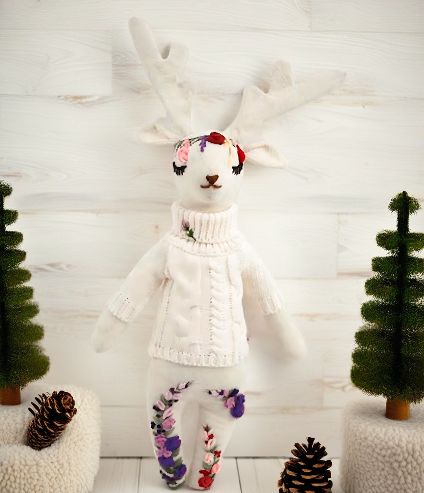 "Whimsical Grace" White Moose Hugging Doll Featuring Hand Embroidery