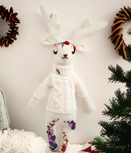 "Whimsical Grace" White Moose Hugging Doll Featuring Hand Embroidery