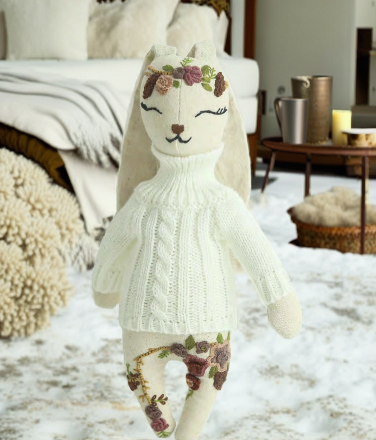 "Gentle Spirit" White Bunny Hugging Doll Featuring Hand Embroidery