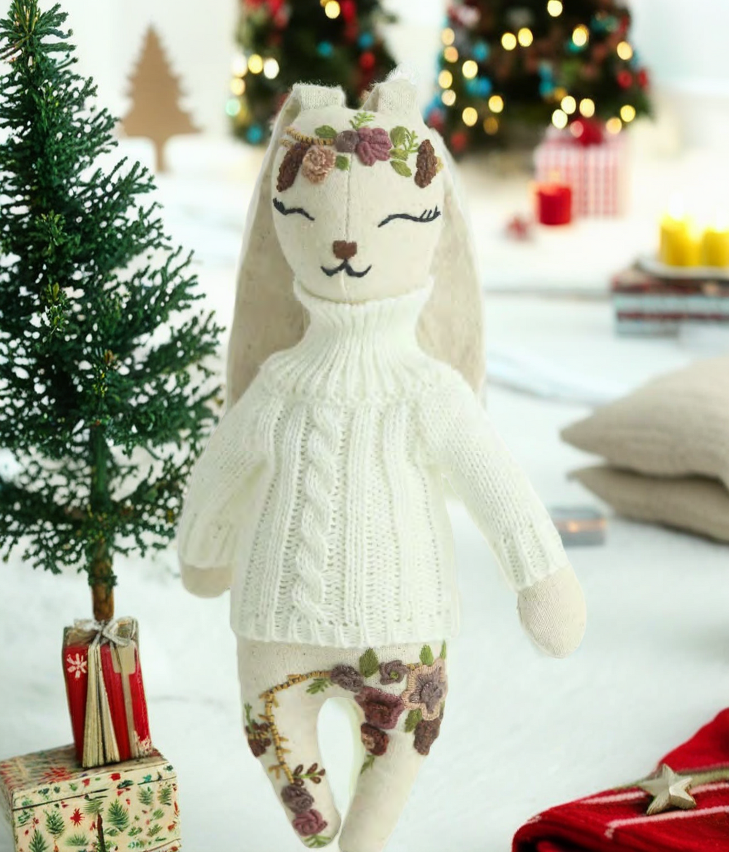 "Gentle Spirit" White Bunny Hugging Doll Featuring Hand Embroidery