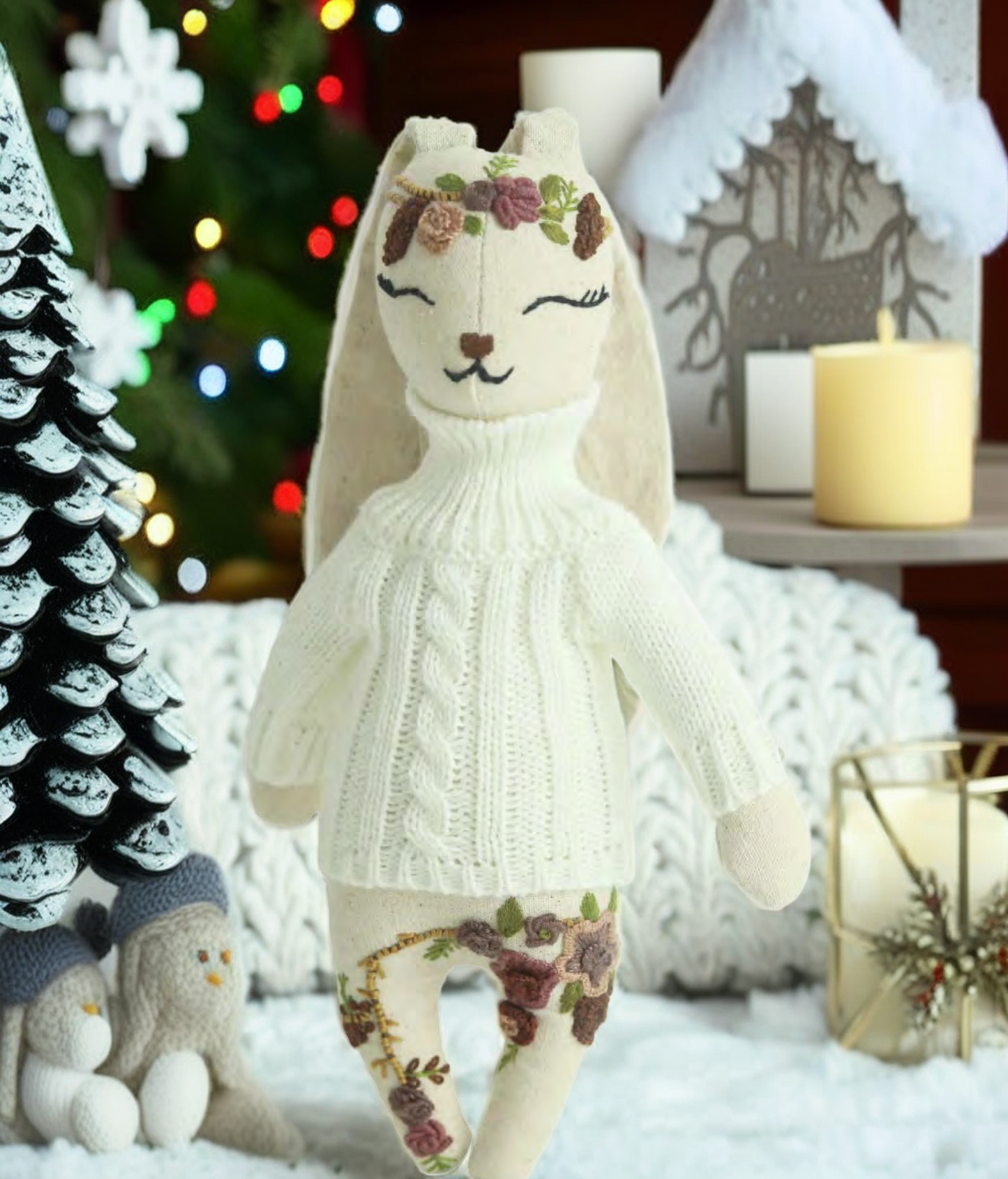 "Gentle Spirit" White Bunny Hugging Doll Featuring Hand Embroidery