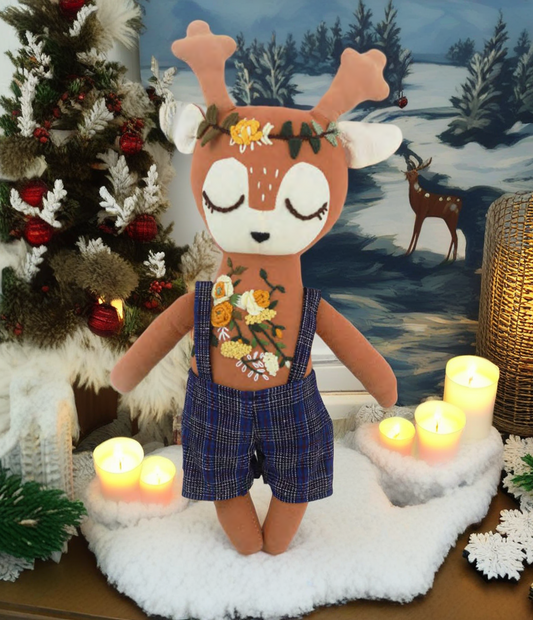 “Whimsy Heart” Amber Brown Deer Hugging Doll Featuring Hand Embroidery