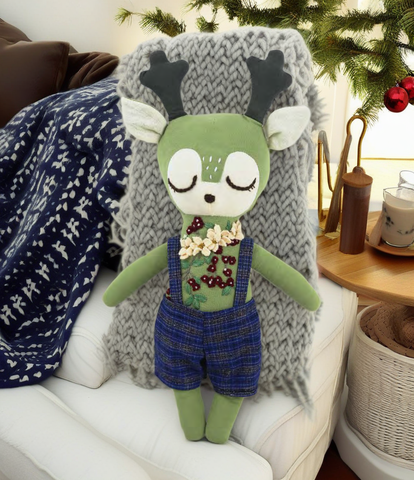 "Dreamy Meadow" Green Deer Hugging Doll Featuring Hand Embroidery