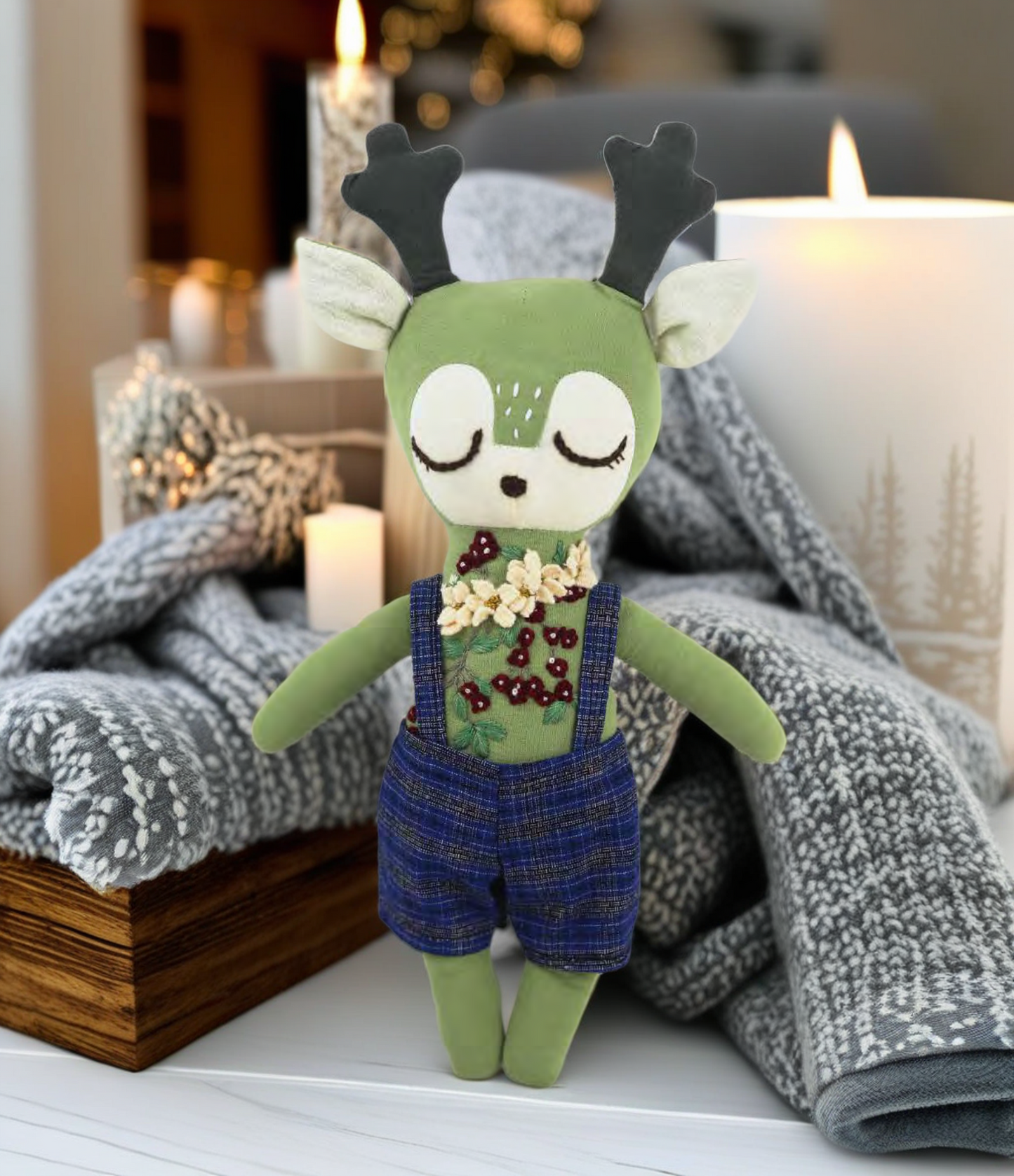 "Dreamy Meadow" Green Deer Hugging Doll Featuring Hand Embroidery