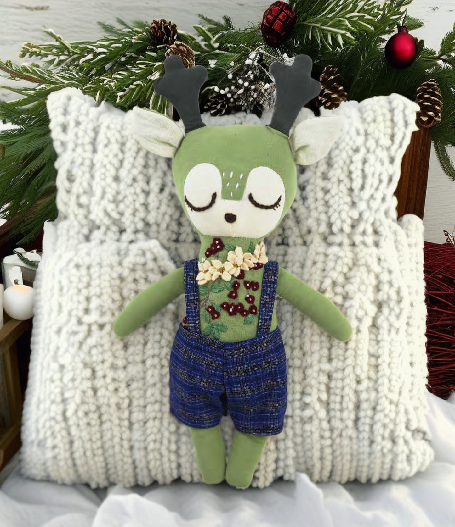 "Dreamy Meadow" Green Deer Hugging Doll Featuring Hand Embroidery