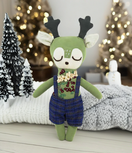 "Dreamy Meadow" Green Deer Hugging Doll Featuring Hand Embroidery