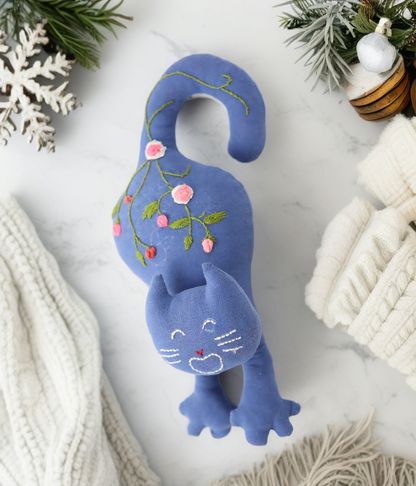 "Happy Paws" Blue Cat Hugging Doll Featuring Hand Embroidery