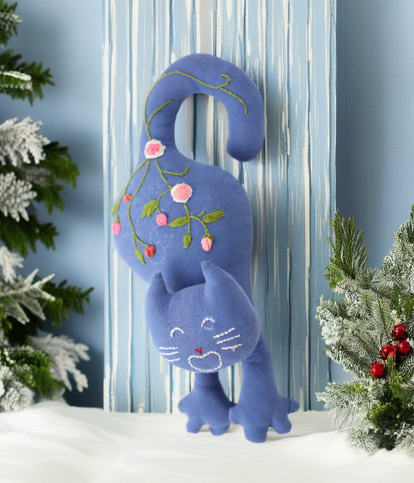 "Happy Paws" Blue Cat Hugging Doll Featuring Hand Embroidery