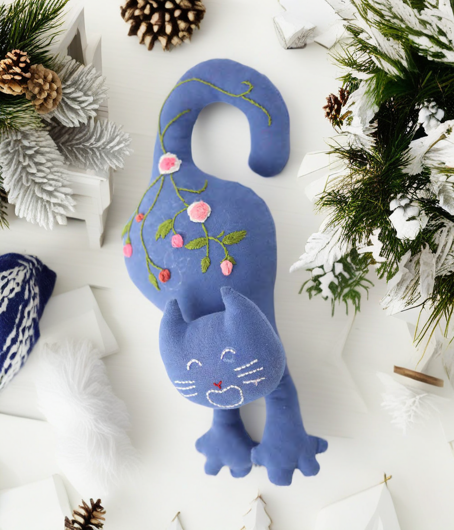 "Happy Paws" Blue Cat Hugging Doll Featuring Hand Embroidery