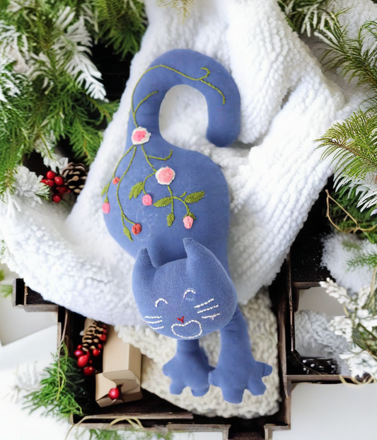 "Happy Paws" Blue Cat Hugging Doll Featuring Hand Embroidery