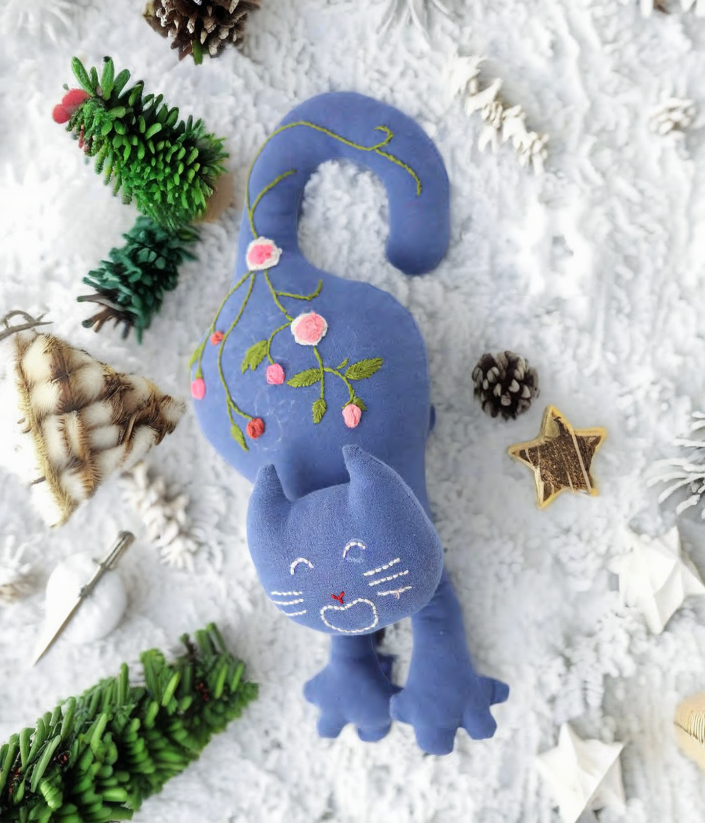 "Happy Paws" Blue Cat Hugging Doll Featuring Hand Embroidery