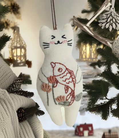 "Catching Fish!" White Cat - Charm Figure Doll Featuring Hand Embroidery