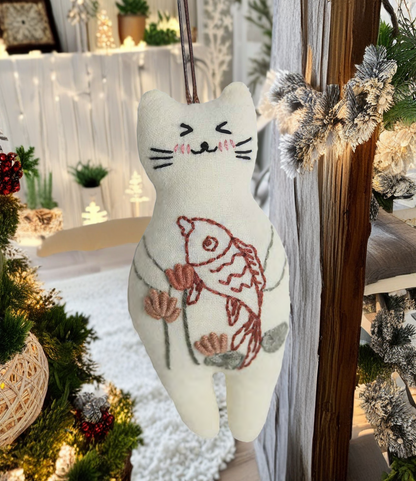 "Catching Fish!" White Cat - Charm Figure Doll Featuring Hand Embroidery