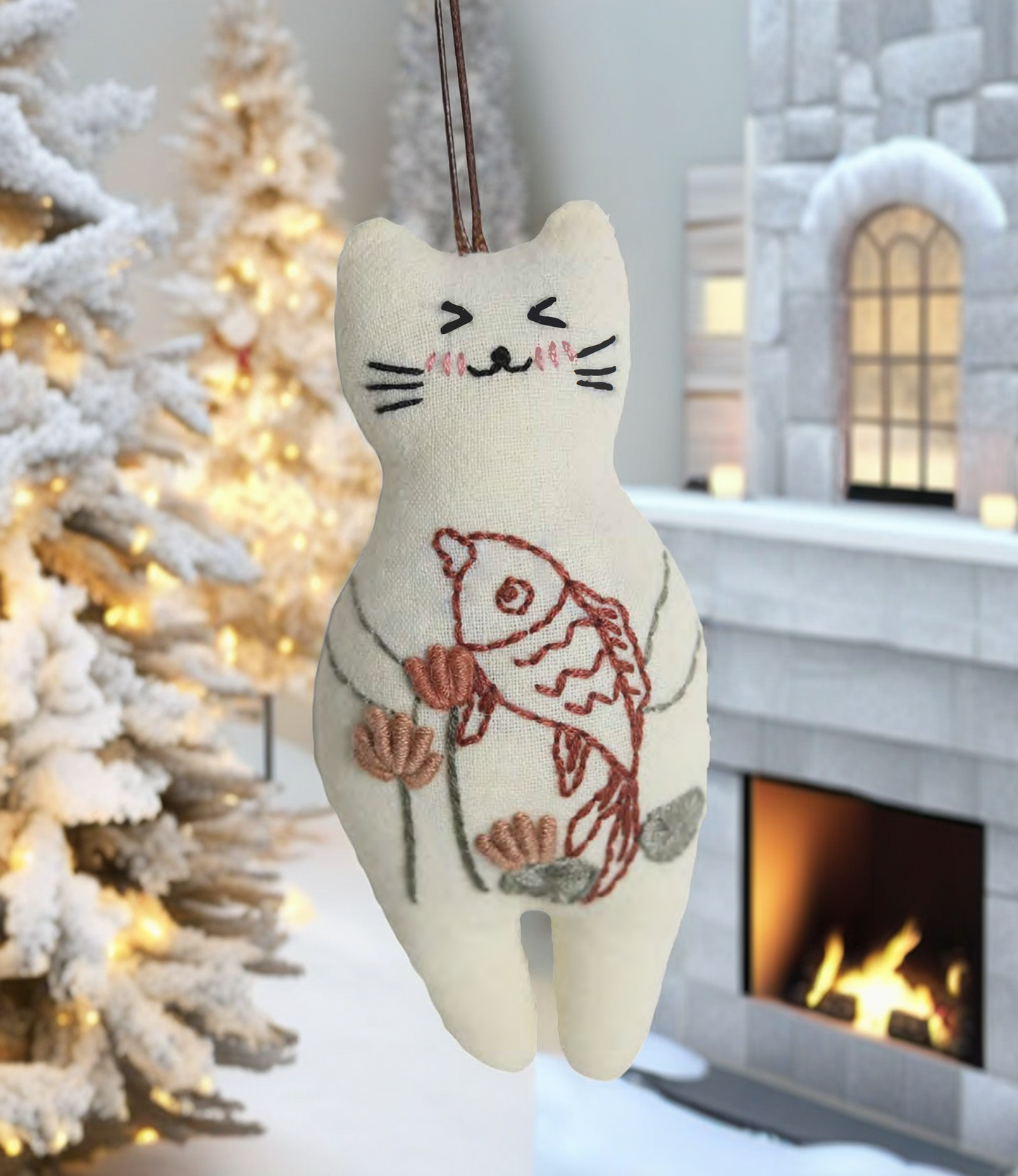 "Catching Fish!" White Cat - Charm Figure Doll Featuring Hand Embroidery