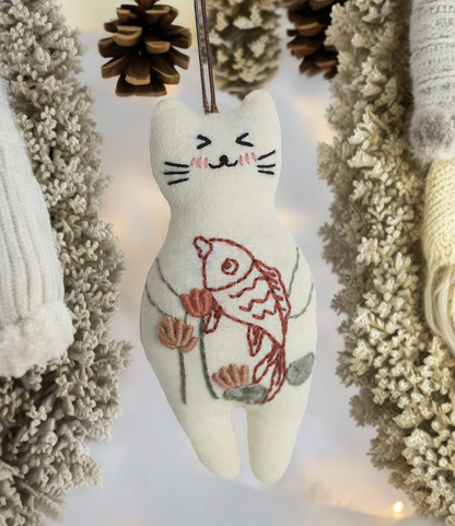 "Catching Fish!" White Cat - Charm Figure Doll Featuring Hand Embroidery