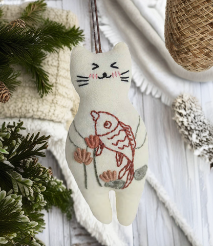 "Catching Fish!" White Cat - Charm Figure Doll Featuring Hand Embroidery