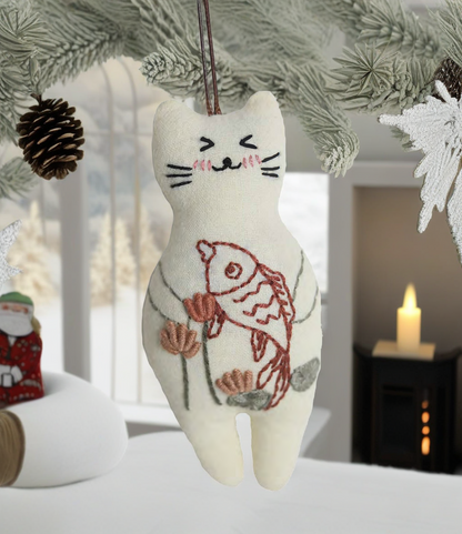 "Catching Fish!" White Cat - Charm Figure Doll Featuring Hand Embroidery