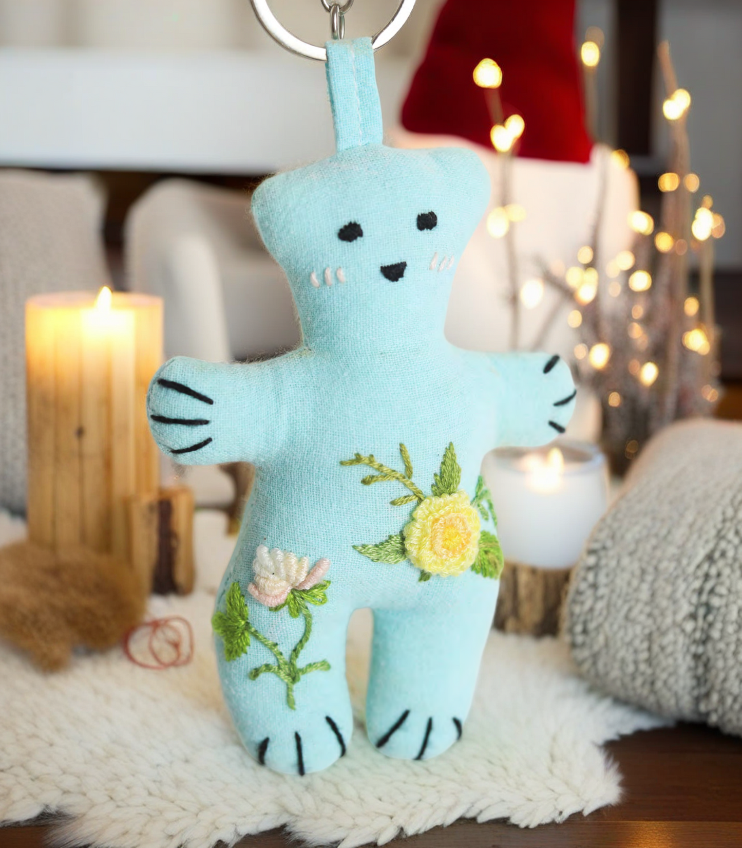 "Cheerful State" Blue Bear - Charm Figure Doll Featuring Hand Embroidery