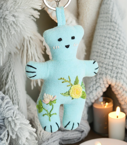 "Cheerful State" Blue Bear - Charm Figure Doll Featuring Hand Embroidery