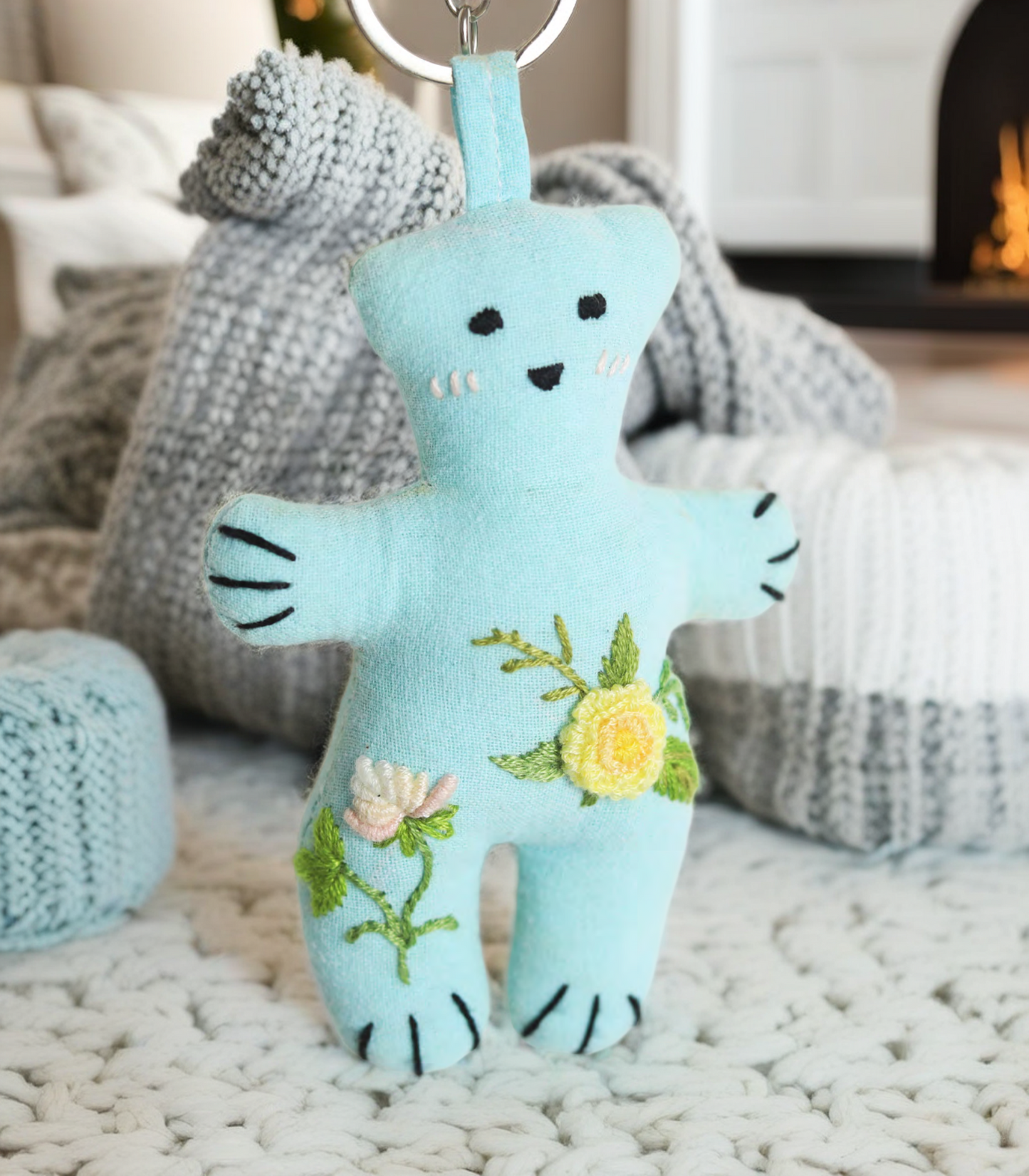 "Cheerful State" Blue Bear - Charm Figure Doll Featuring Hand Embroidery