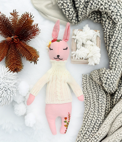 "Rosy Belle" Pink Bunny Hugging Doll Featuring Hand Embroidery