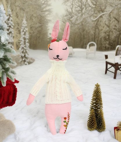 "Rosy Belle" Pink Bunny Hugging Doll Featuring Hand Embroidery