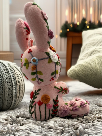 "Joyful Day" Pink Bunny Fabric Companion Doll Featuring Hand Embroidery