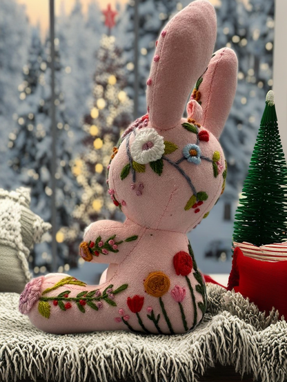 "Joyful Day" Pink Bunny Fabric Companion Doll Featuring Hand Embroidery