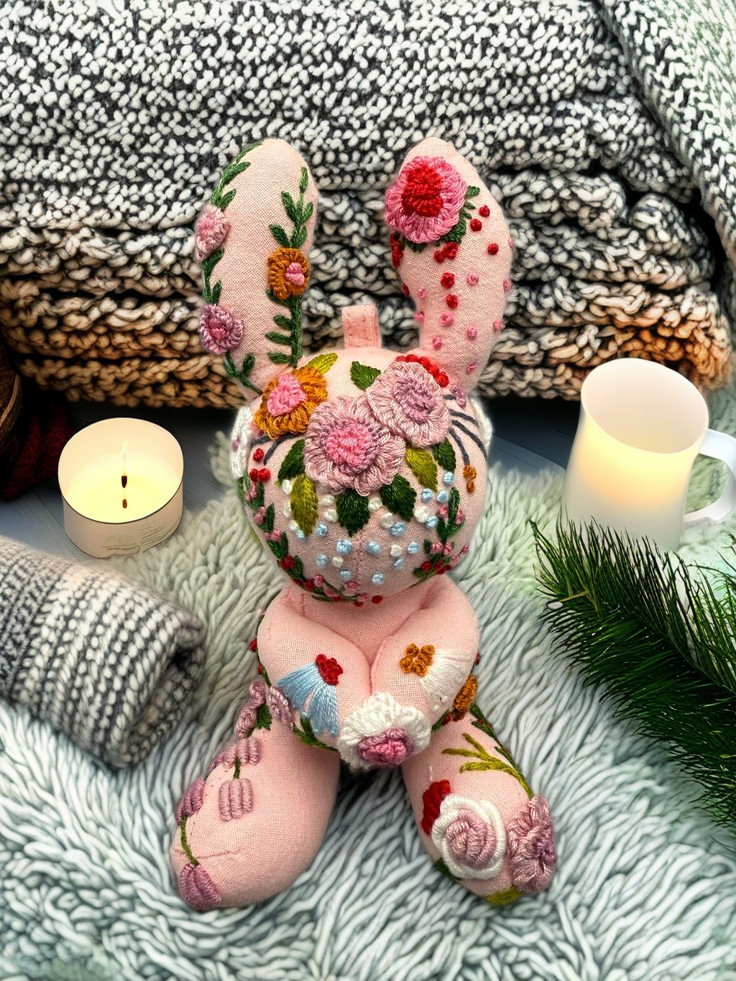 "Joyful Day" Pink Bunny Fabric Companion Doll Featuring Hand Embroidery