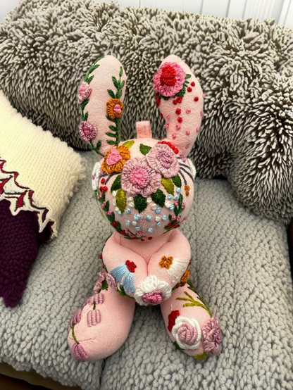 "Joyful Day" Pink Bunny Fabric Companion Doll Featuring Hand Embroidery